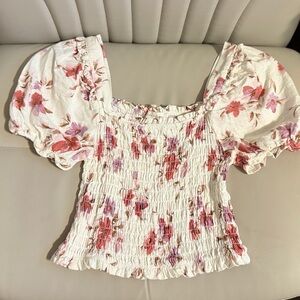 Monteau Pink and White Floral Smocked Blouse